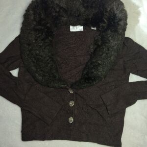 Ann Taylor Dark Brown Cardigan with Faux Fur Collar